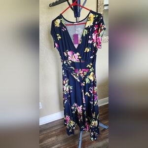 Floral Wrap Dress in Navy and Pink